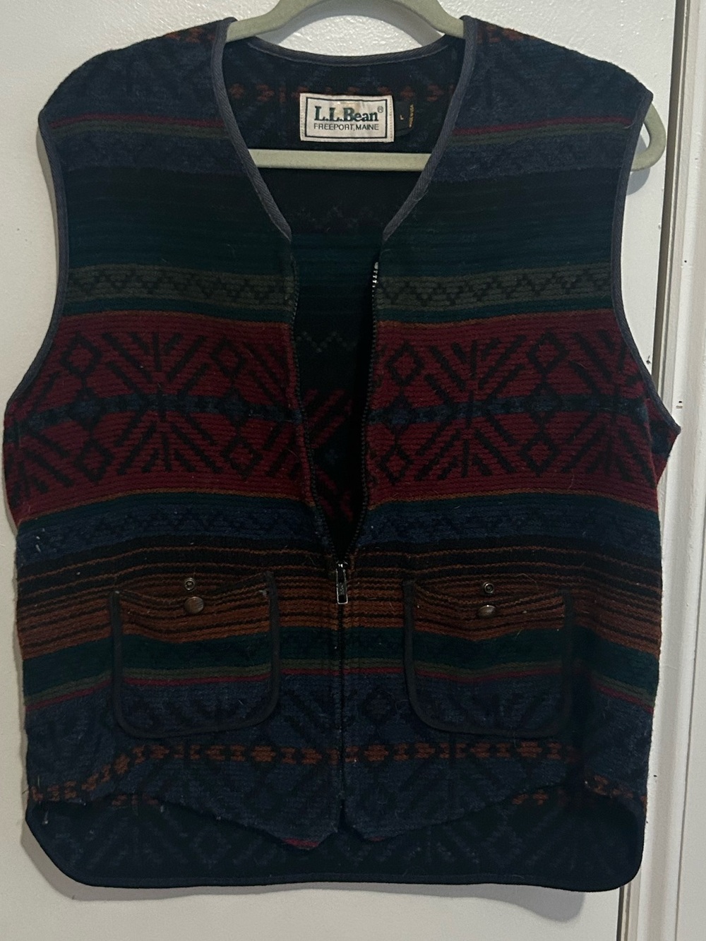 L.L. Bean Multicolor Patterned Wool Vest - Navy, Burgundy, Green